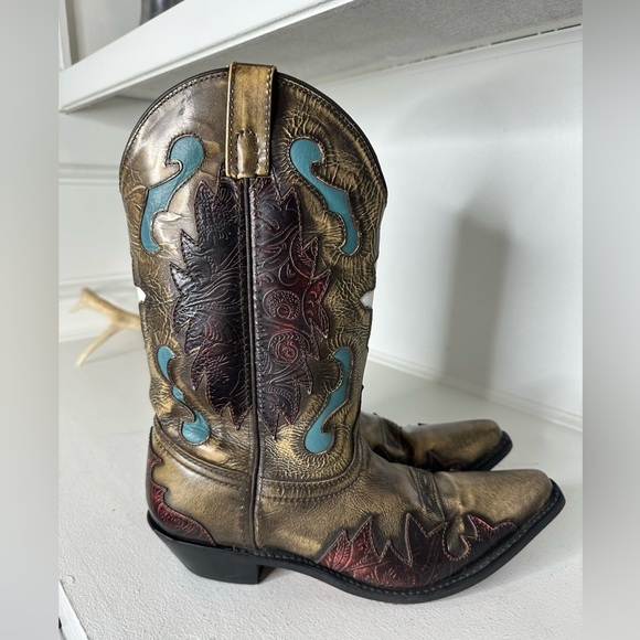 Smoky Mountain Western Boots | Distressed Gold Leather w/ Turquoise Inlay 7.5 - Picture 4 of 8